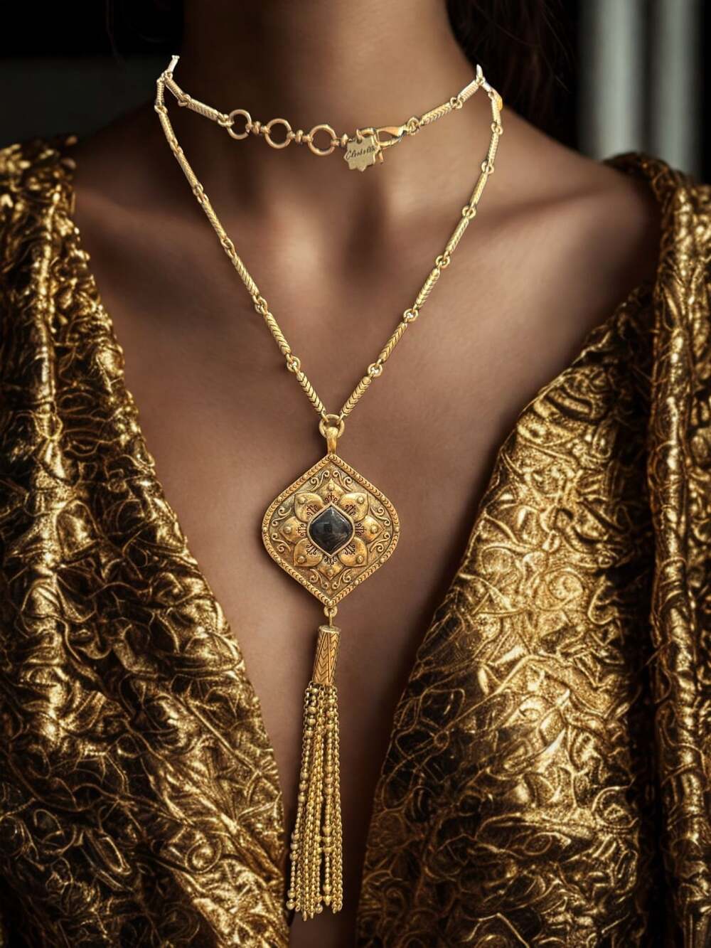 Cleobella Ornate Necklace with Black Gemstone Pendant and Tassel